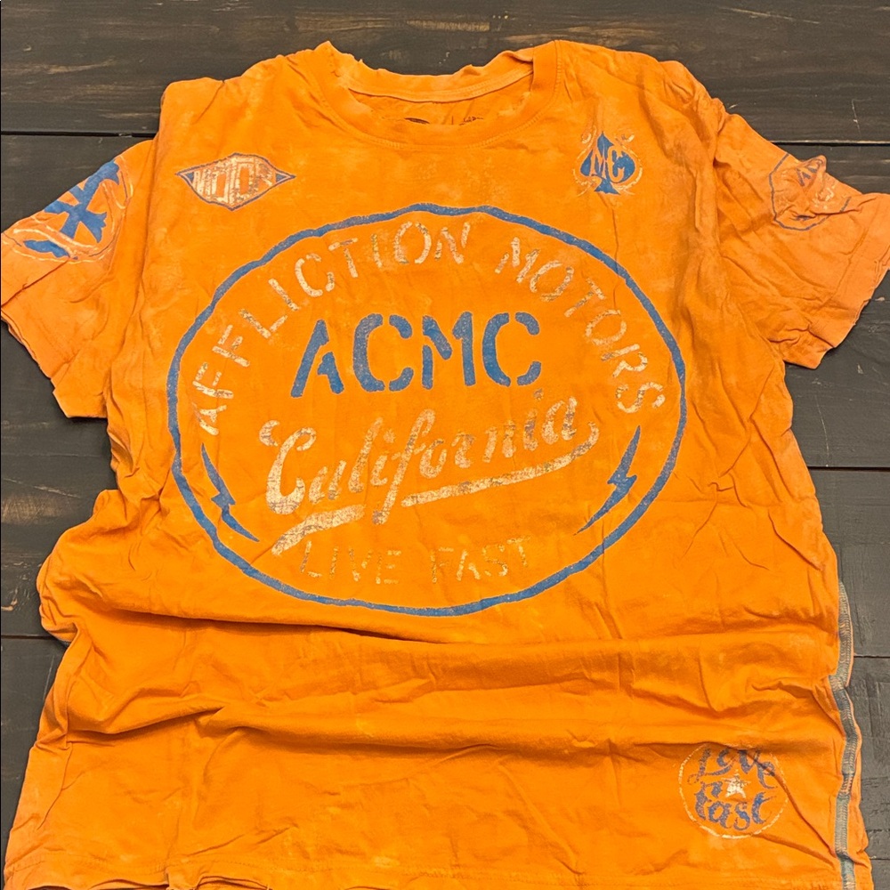 Affliction Orange T-Shirt with Blue Graphics